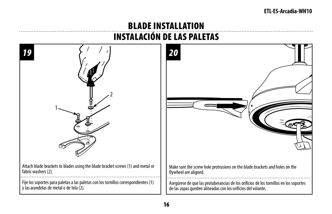 Westinghouse ETL-ES-Arcadia-WH10 manual Blade Installation Instalación de las paletas 