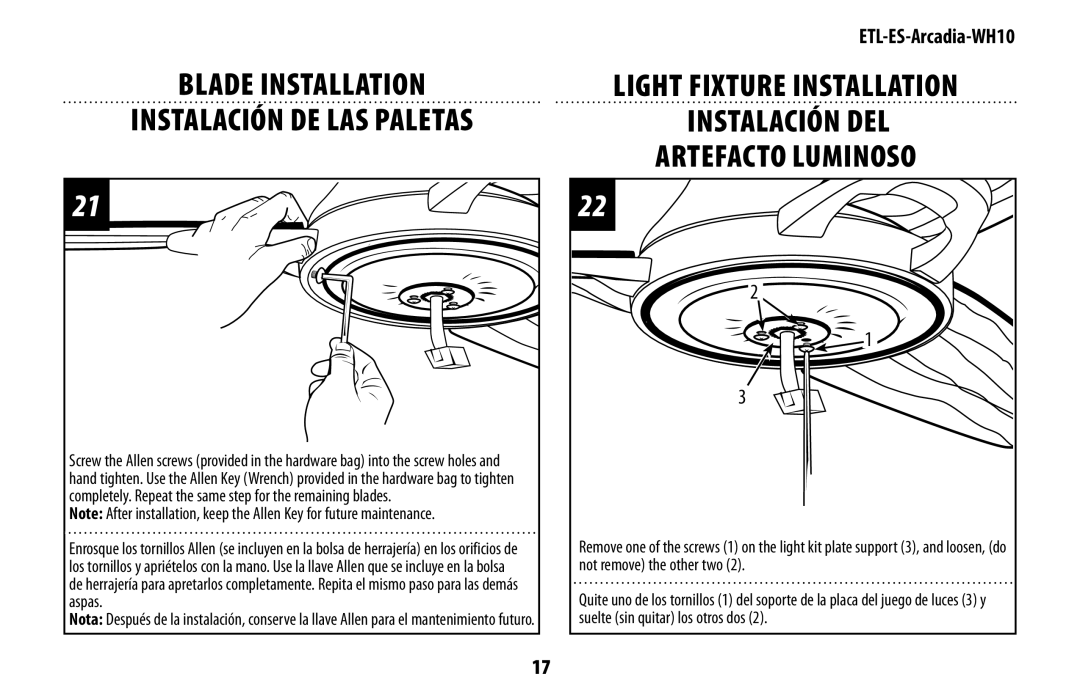 Westinghouse ETL-ES-Arcadia-WH10 manual Blade Installation Instalación de las paletas 