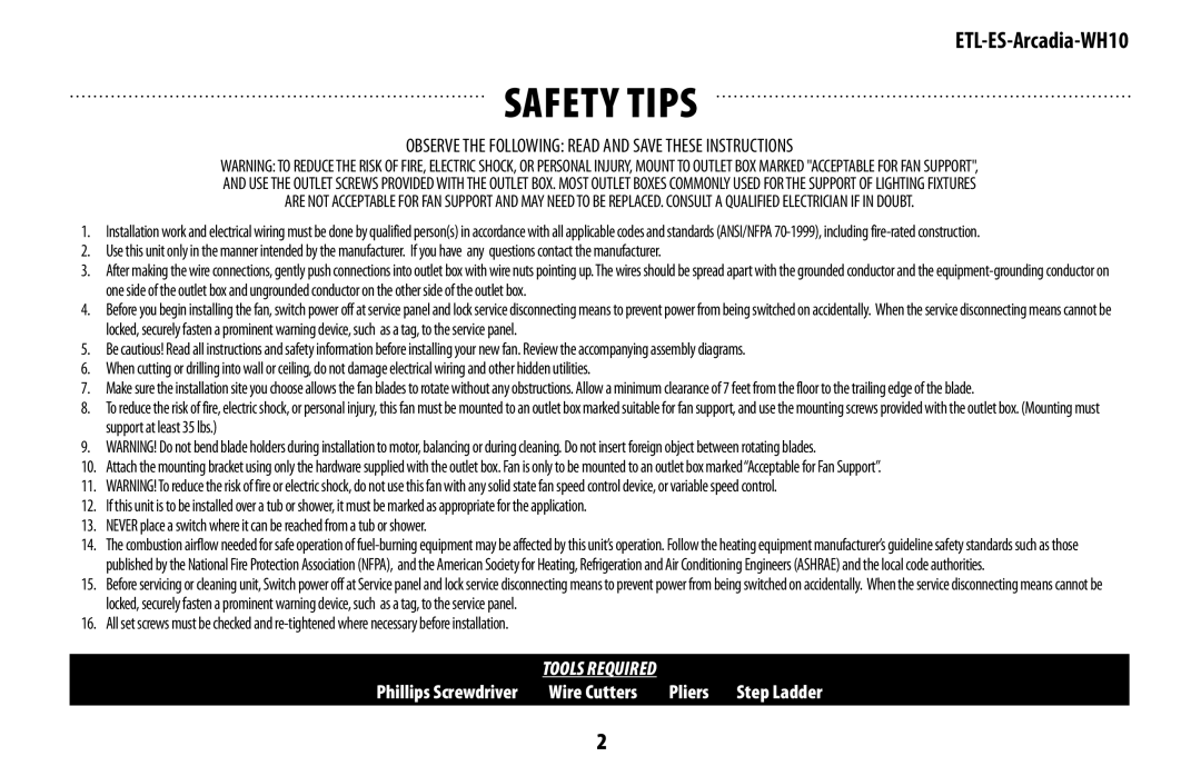 Westinghouse ETL-ES-Arcadia-WH10 manual Safety tips 