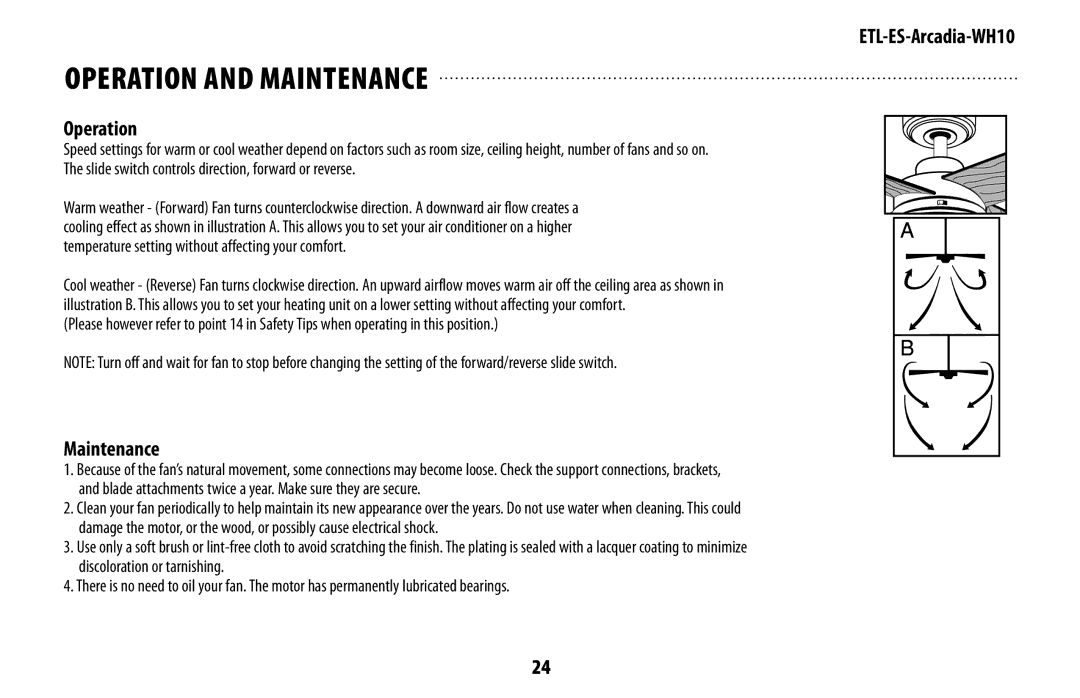 Westinghouse ETL-ES-Arcadia-WH10 manual OPEratiOn and MaintEnanCE, Operation 