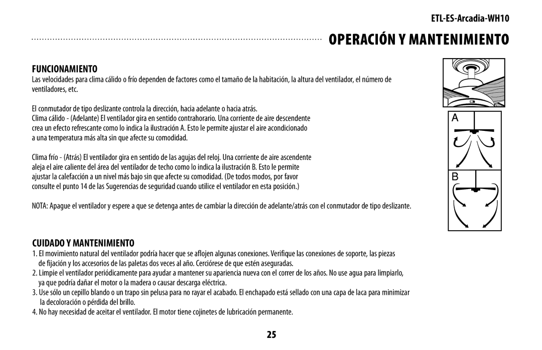 Westinghouse ETL-ES-Arcadia-WH10 manual OPEraCión Y MantEniMiEntO, Funcionamiento 