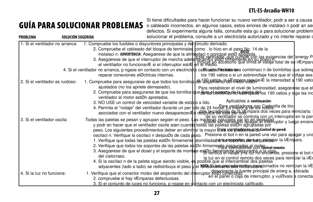 Westinghouse ETL-ES-Arcadia-WH10 manual GUía Para SOLUCiOnar PrOBLEMaS 