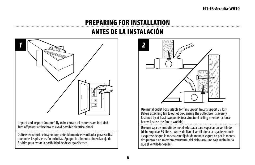 Westinghouse ETL-ES-Arcadia-WH10 manual PREPARING for installation Antes de la instalación 