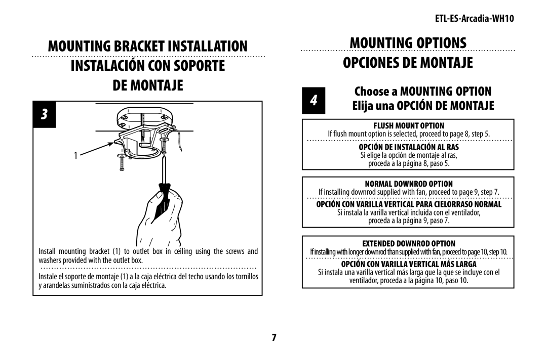 Westinghouse ETL-ES-Arcadia-WH10 manual Mounting Options Opciones DE Montaje, Elija una Opción DE Montaje 