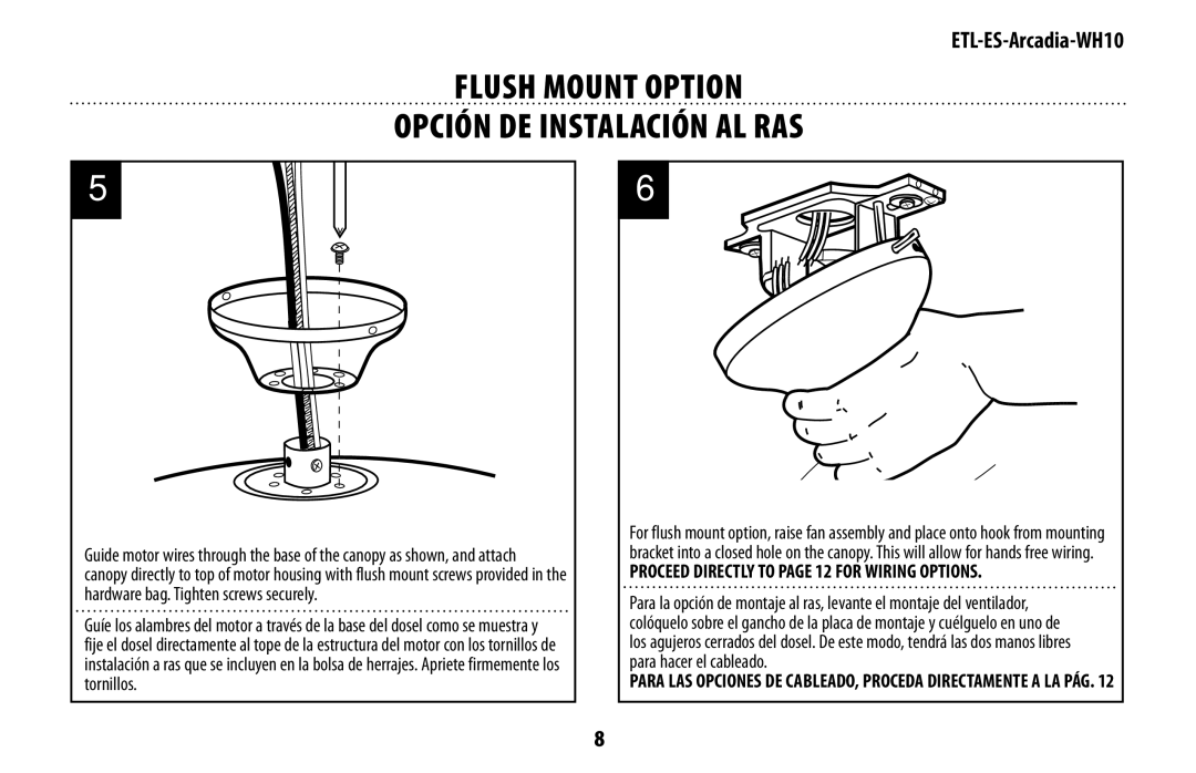 Westinghouse ETL-ES-Arcadia-WH10 manual Flush Mount Option Opción DE Instalación AL RAS,   