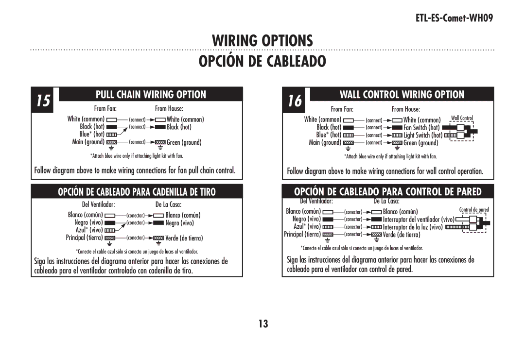 Westinghouse ETL-ES-Comet-WH09 owner manual Wiring Options, Opción DE Cableado 