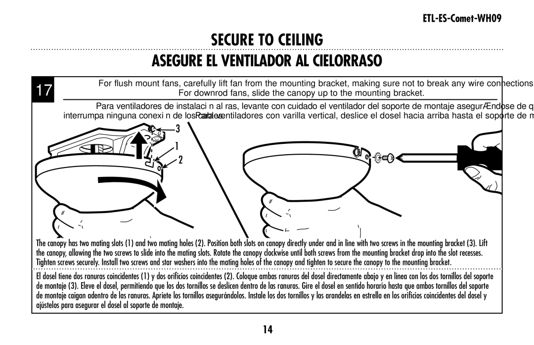 Westinghouse ETL-ES-Comet-WH09 owner manual Asegure el ventilador al cielorraso 