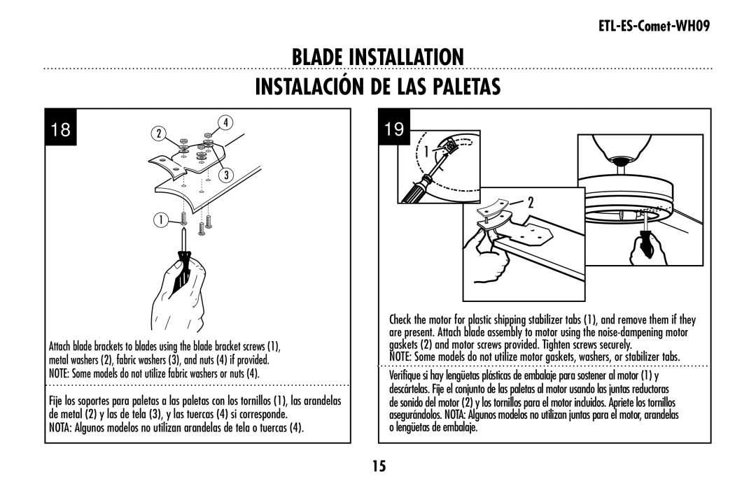 Westinghouse ETL-ES-Comet-WH09 owner manual Blade Installation Instalación de las paletas 