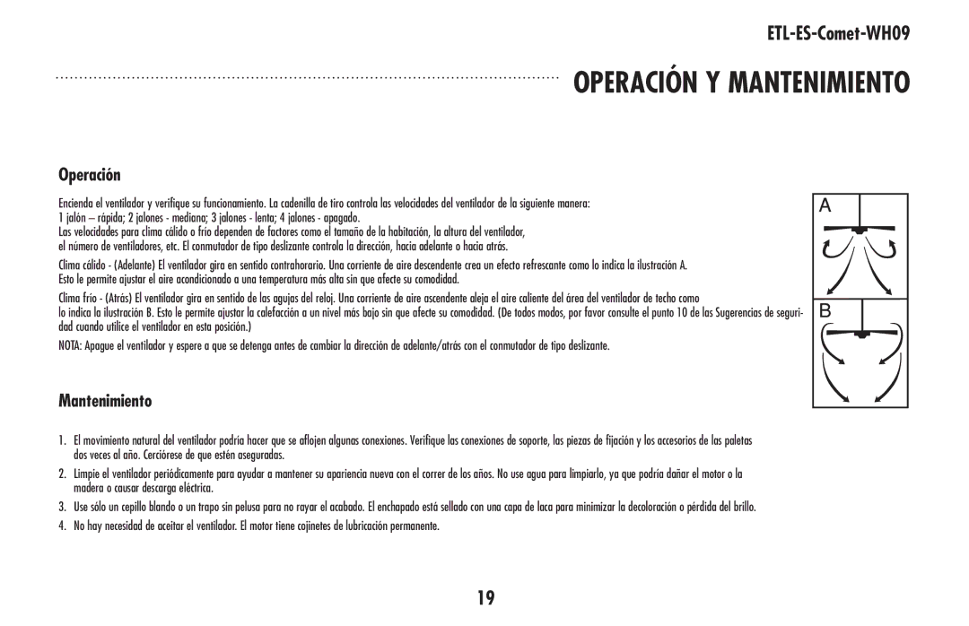 Westinghouse ETL-ES-Comet-WH09 owner manual Operación y mantenimiento 