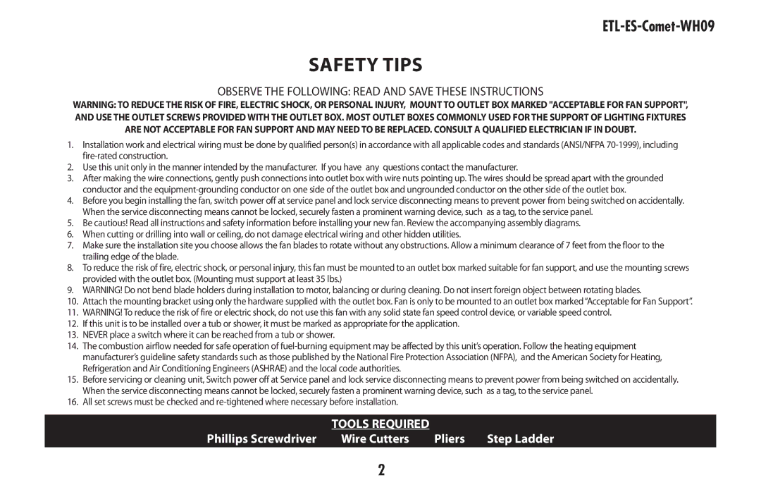 Westinghouse ETL-ES-Comet-WH09 owner manual Safety tips 