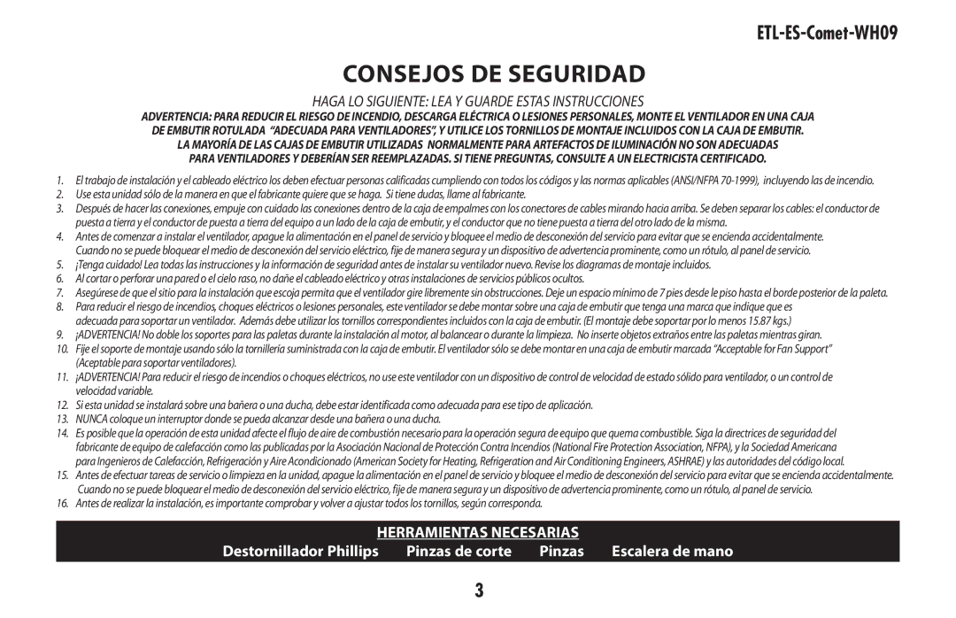 Westinghouse ETL-ES-Comet-WH09 owner manual Consejos de seguridad 