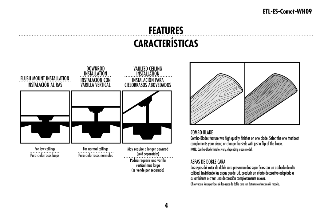 Westinghouse ETL-ES-Comet-WH09 Features Características, Instalación con, May require a longer downrod Sold separately 