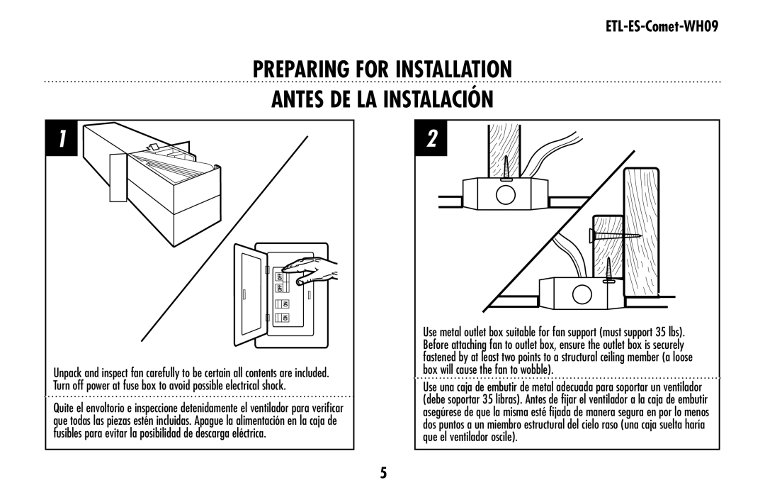 Westinghouse ETL-ES-Comet-WH09 owner manual PREPARING for installation Antes de la instalación 