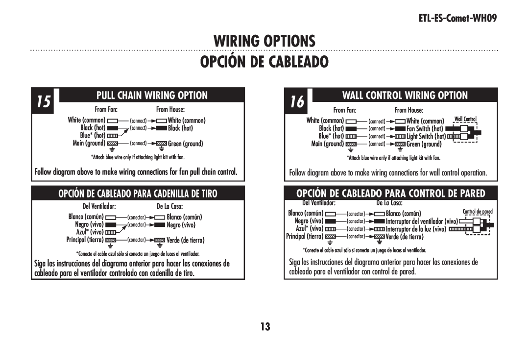 Westinghouse ETL-ES-Comet-WH09 wiring OPTIONS OPCIÓN DE CABLEADO, Wall Control Wiring Option, Pull Chain Wiring Option 