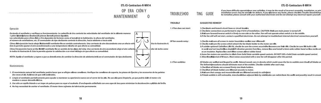 Westinghouse ETL-ES-Contractors-R-Wh14 owner manual Operación y mantenimiento 