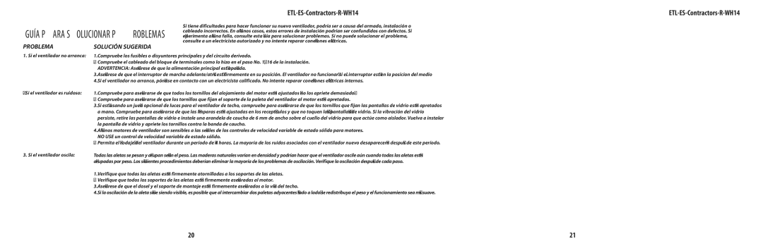 Westinghouse ETL-ES-Contractors-R-Wh14 owner manual Guía para solucionar problemas 