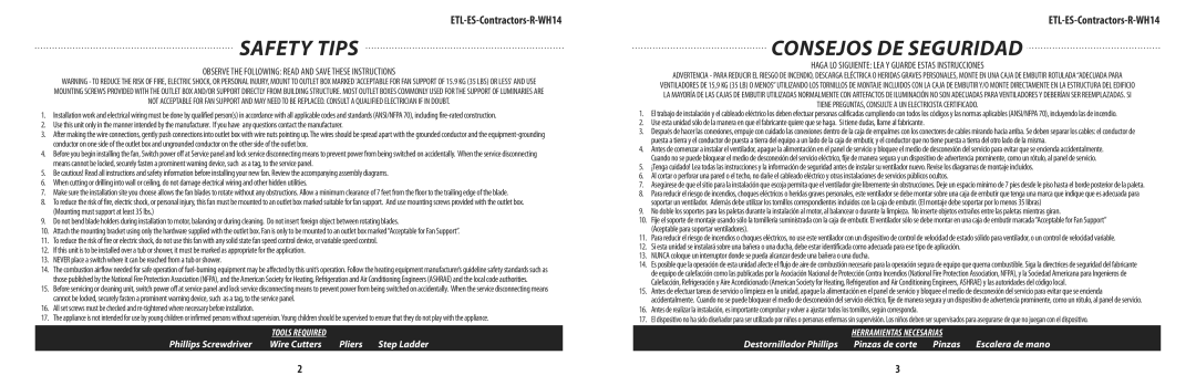 Westinghouse ETL-ES-Contractors-R-Wh14 owner manual Safety tips 