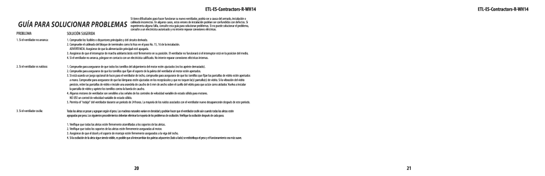 Westinghouse ETL-ES-Contractors-R-Wh14 owner manual Problema, Guía para solucionar problemas, ETL-ES-Contractors-R-WH14 