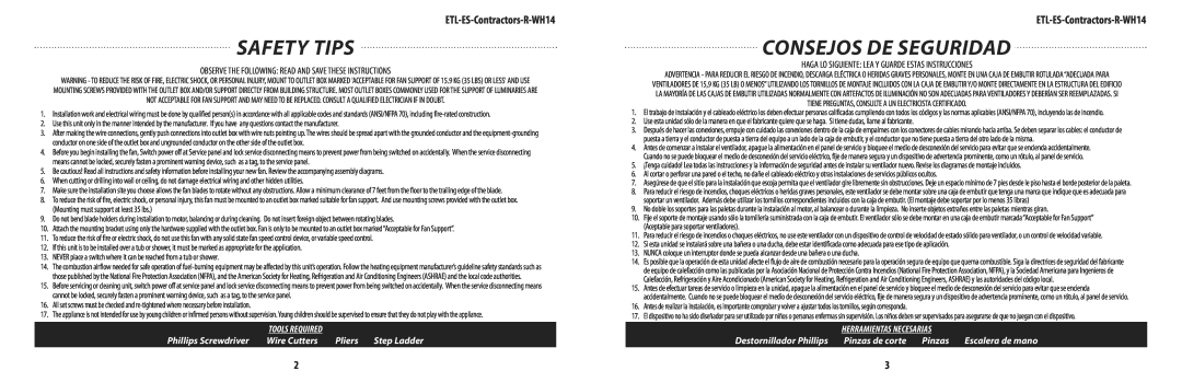 Westinghouse ETL-ES-Contractors-R-Wh14 ETL-ES-Contractors-R-WH14, Observe The Following Read And Save These Instructions 