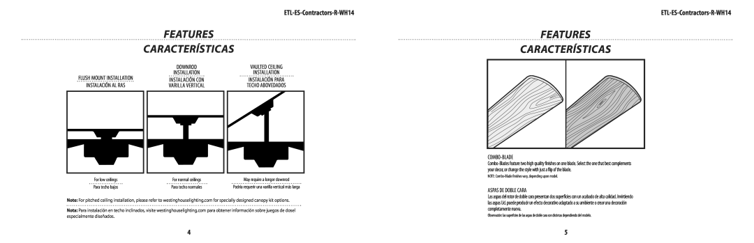 Westinghouse ETL-ES-Contractors-R-Wh14 owner manual Features Características, varilla vertical, Combo-Blade 