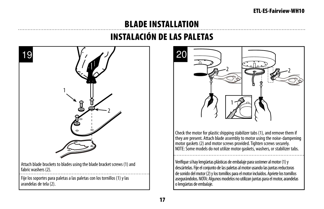 Westinghouse ETL-ES-Fairview-WH10 manual Blade Installation Instalación de las paletas 