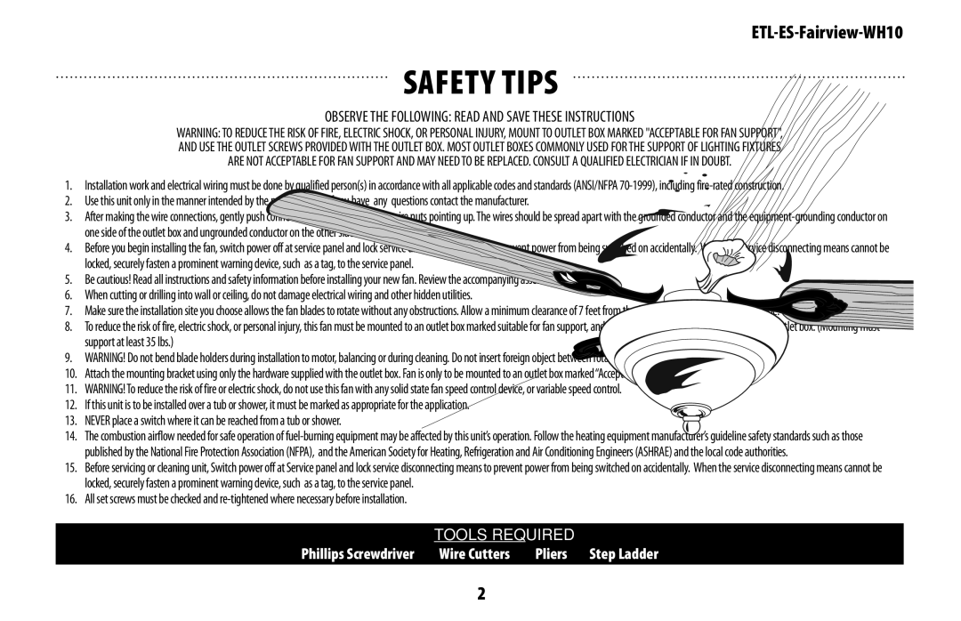 Westinghouse ETL-ES-Fairview-WH10 manual Safety tips 