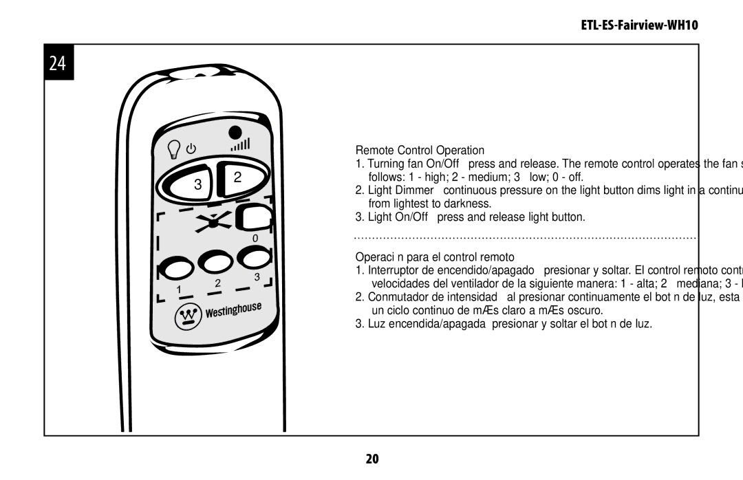 Westinghouse ETL-ES-Fairview-WH10 manual Remote Control Operation 