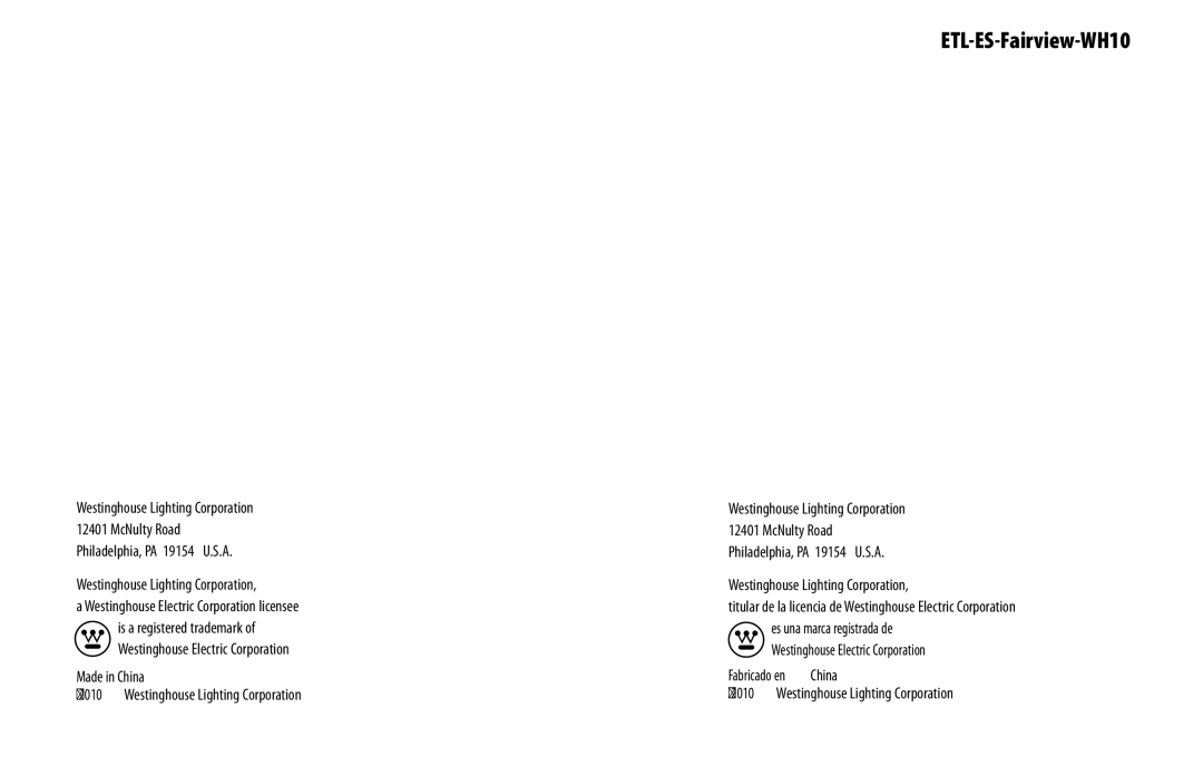 Westinghouse ETL-ES-Fairview-WH10 manual 