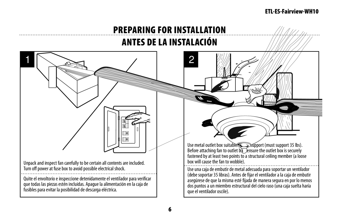 Westinghouse ETL-ES-Fairview-WH10 manual PREPARING for installation Antes de la instalación 