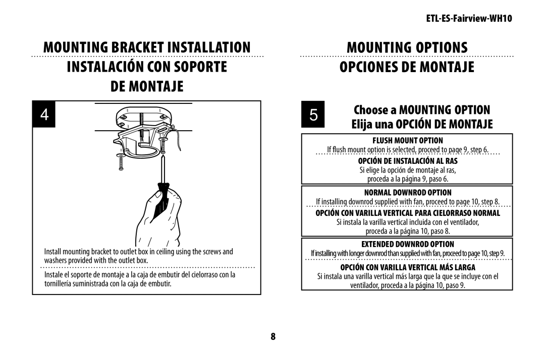 Westinghouse ETL-ES-Fairview-WH10 manual Mounting Options Opciones DE Montaje 