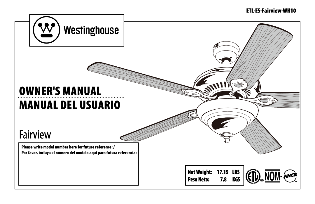 Westinghouse ETL-ES-Fairview-WH10 manual 17.19, Peso Neto 