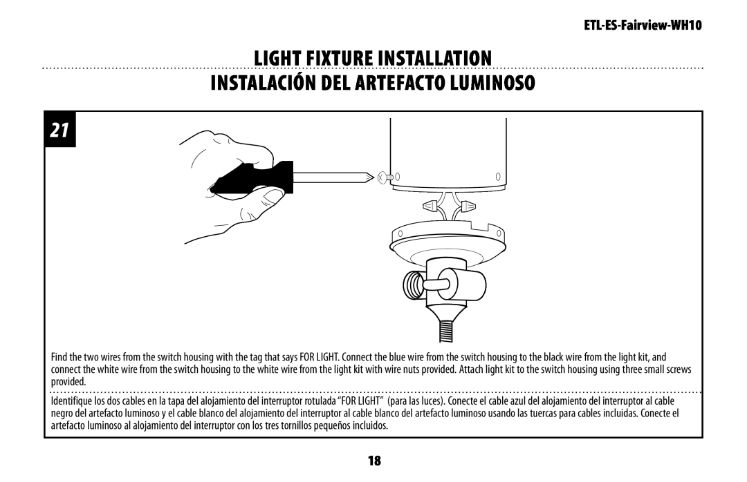 Westinghouse ETL-ES-Fairview-WH10 manual Light fixture installation, Instalación del artefacto luminoso 