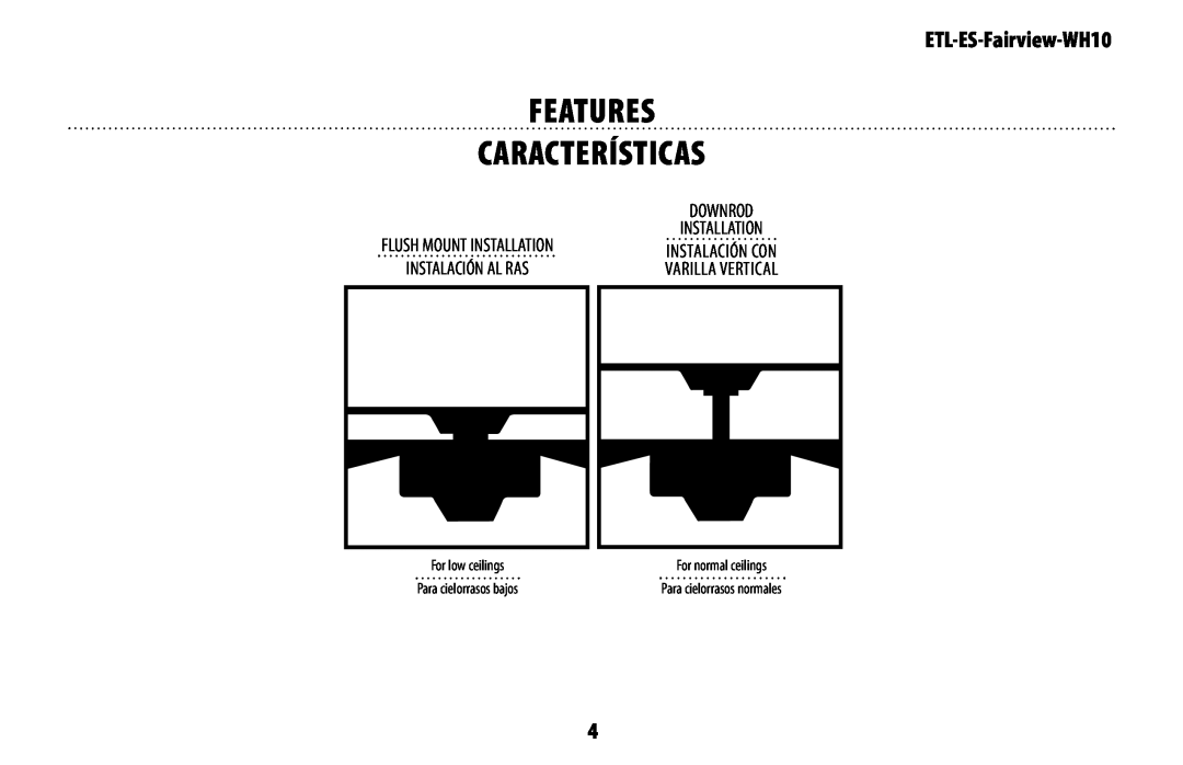 Westinghouse ETL-ES-Fairview-WH10 manual Features Características, varilla vertical, Para cielorrasos bajos 