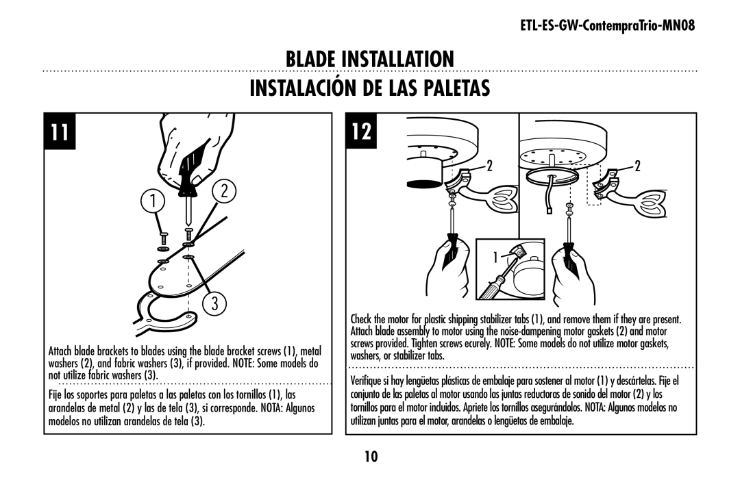 Westinghouse ETL-ES-GW-ContempraTrio-MN08 owner manual Blade Installation Instalación de las paletas 