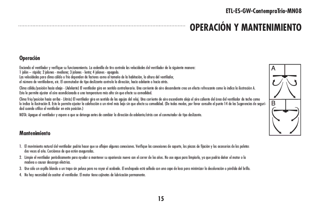 Westinghouse ETL-ES-GW-ContempraTrio-MN08 owner manual Operación y mantenimiento 