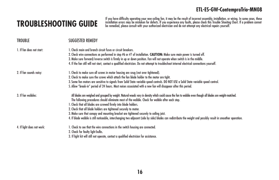 Westinghouse ETL-ES-GW-ContempraTrio-MN08 owner manual Trouble 