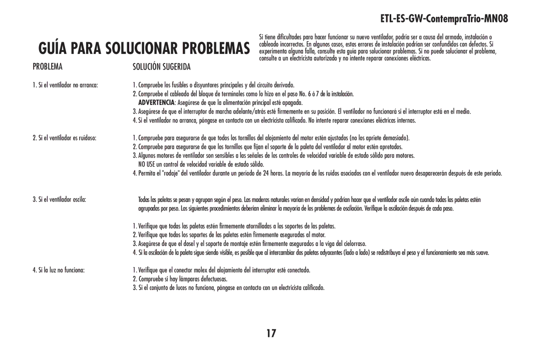 Westinghouse ETL-ES-GW-ContempraTrio-MN08 owner manual Guía para solucionar problemas, Problema 