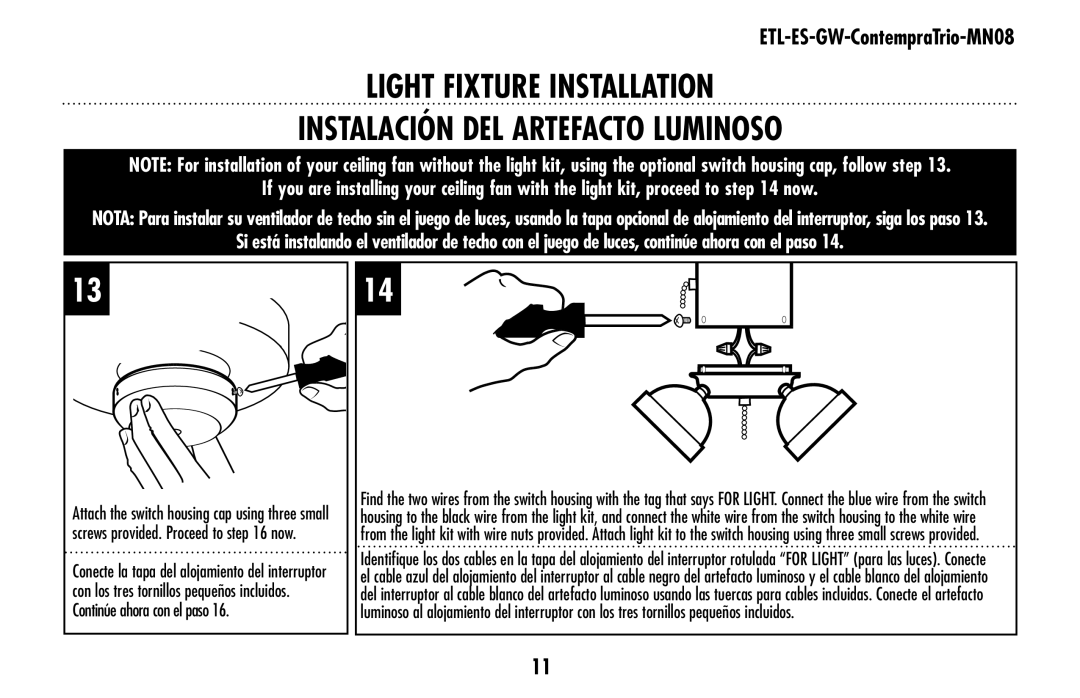 Westinghouse ETL-ES-GW-ContempraTrio-MN08 owner manual Light fixture installation Instalación del artefacto luminoso 
