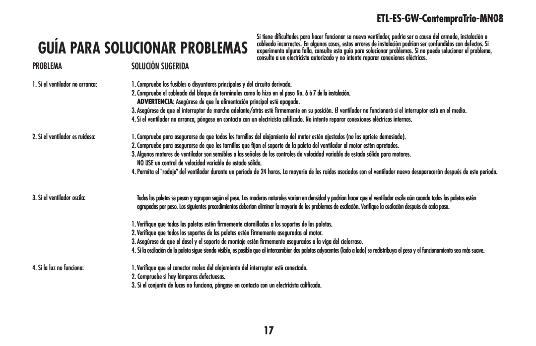 Westinghouse ETL-ES-GW-ContempraTrio-MN08 owner manual Guía para solucionar problemas, Problema 