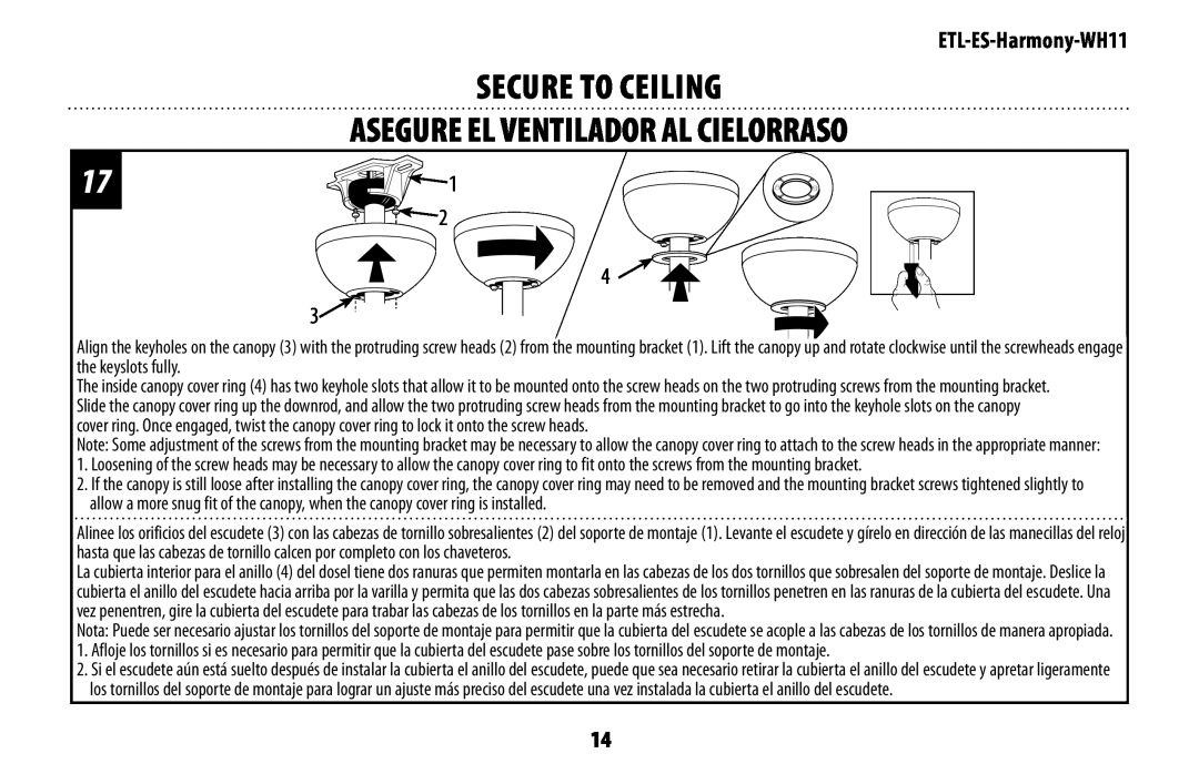 Westinghouse ETL-ES-Harmony-WH11 manual seCure tO CeilinG aseGure el VentiladOr al CielOrrasO 