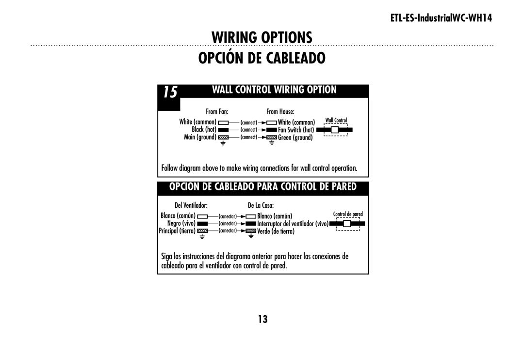 Westinghouse ETL-ES-IndustrialWC-WH14 owner manual Wiring Options, Opción DE Cableado 