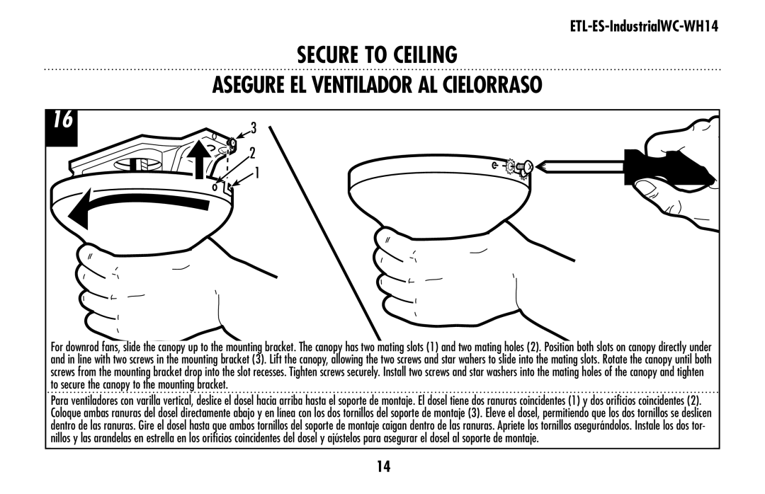 Westinghouse ETL-ES-IndustrialWC-WH14 owner manual Secure To Ceiling Asegure el ventilador al cielorraso 