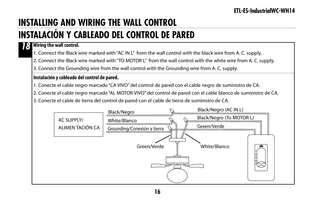 Westinghouse ETL-ES-IndustrialWC-WH14 owner manual Wiring the wall control, Instalación y cableado del control de pared 