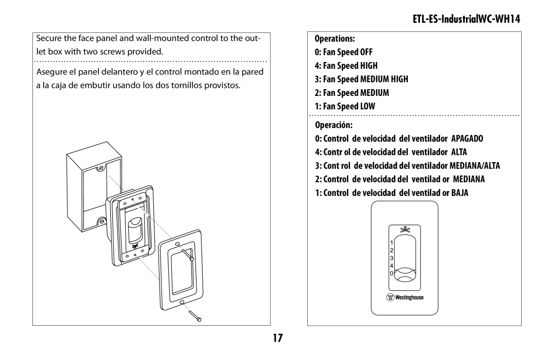 Westinghouse ETL-ES-IndustrialWC-WH14 owner manual Rol de velocidad del ventilador MEDIANA/ALTA 
