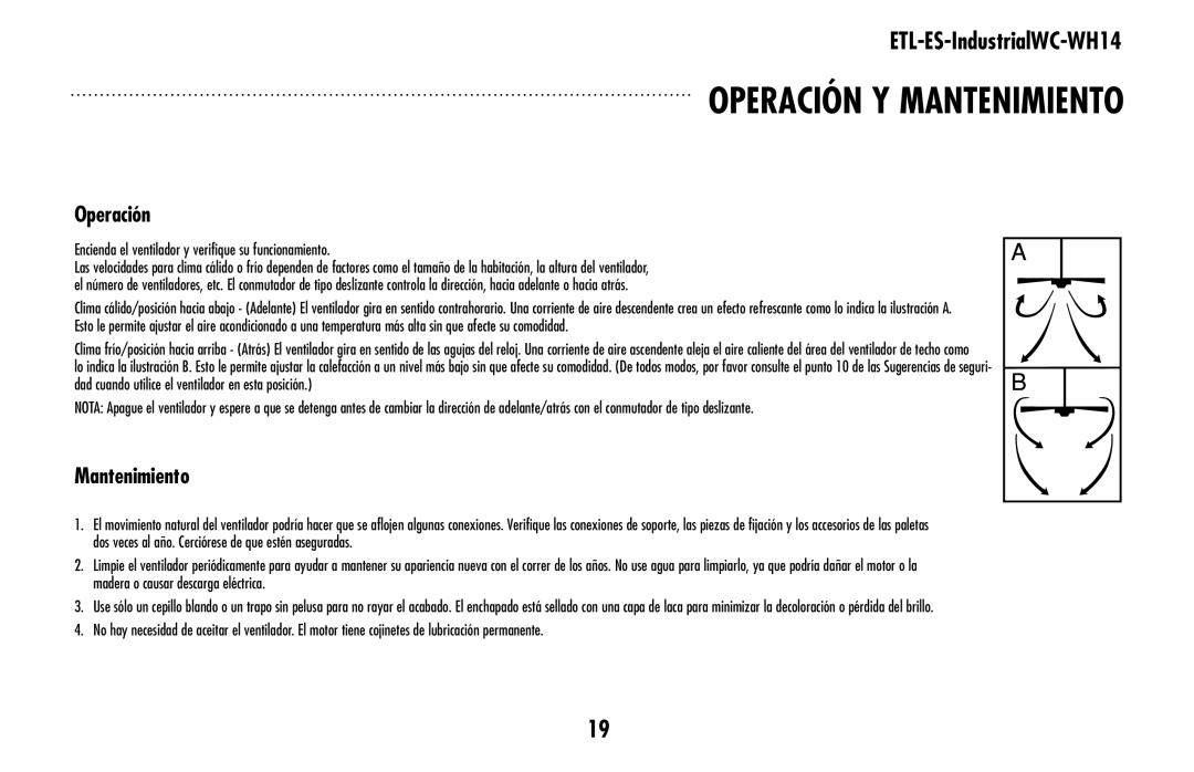 Westinghouse ETL-ES-IndustrialWC-WH14 owner manual Operación y mantenimiento, Mantenimiento 