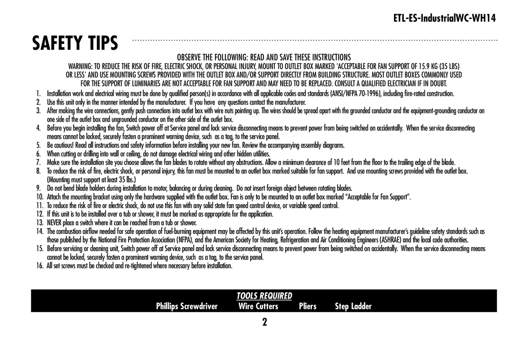 Westinghouse ETL-ES-IndustrialWC-WH14 owner manual Safety tips 