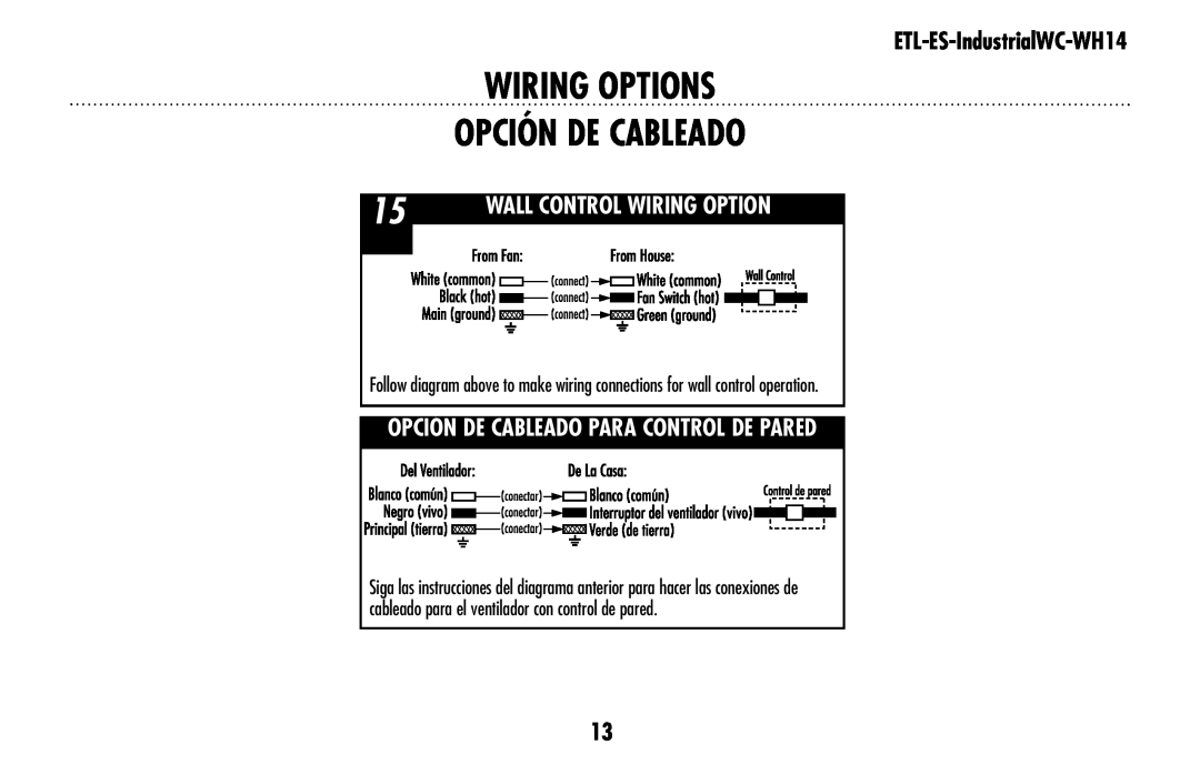 Westinghouse ETL-ES-IndustrialWC-WH14 owner manual wiring OPTIONS OPCIÓN DE CABLEADO, Wall Control Wiring Option 