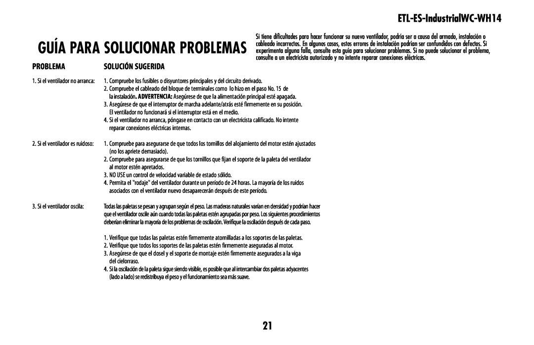 Westinghouse ETL-ES-IndustrialWC-WH14 owner manual Guía para solucionar problemas, Problema 