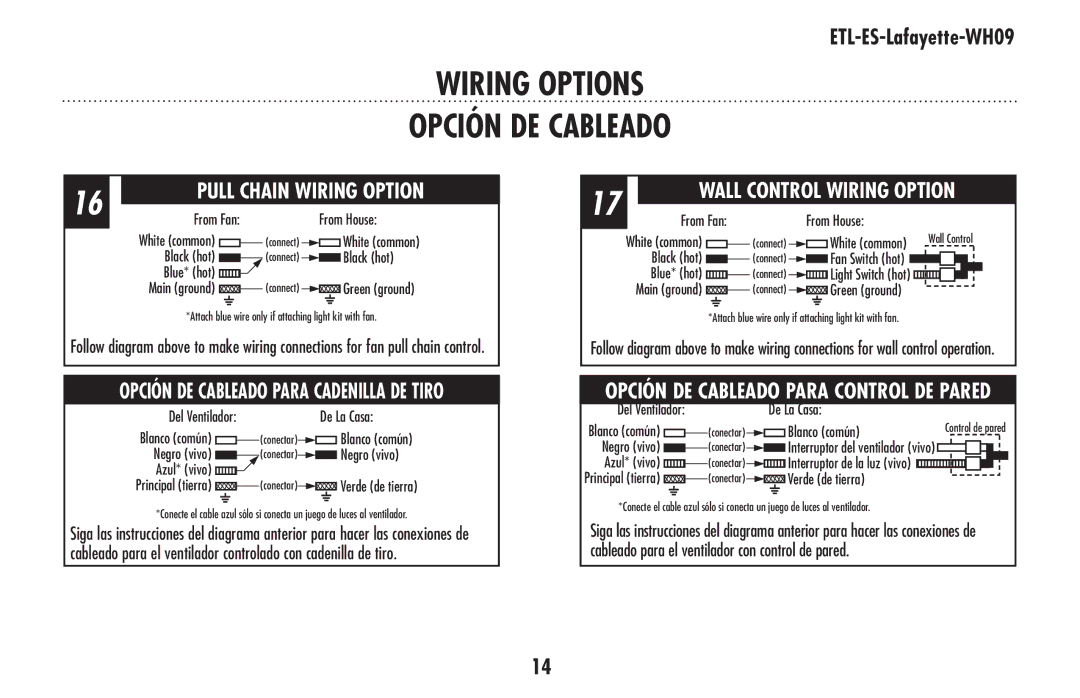 Westinghouse ETL-ES-Lafayette-WH09 owner manual Opción DE Cableado, Pull Chain Wiring Option 