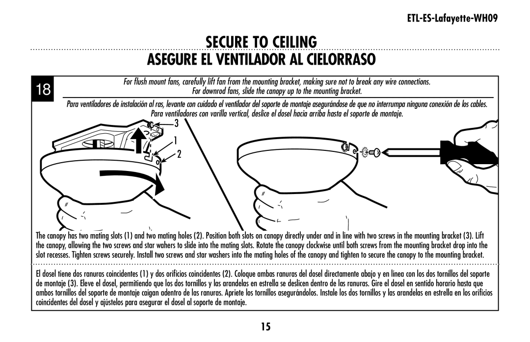 Westinghouse ETL-ES-Lafayette-WH09 owner manual Asegure el ventilador al cielorraso 